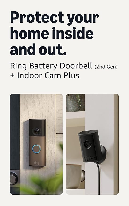 Ring Battery Doorbell (newest model), Matte Mocha with Indoor Cam Plus, Black