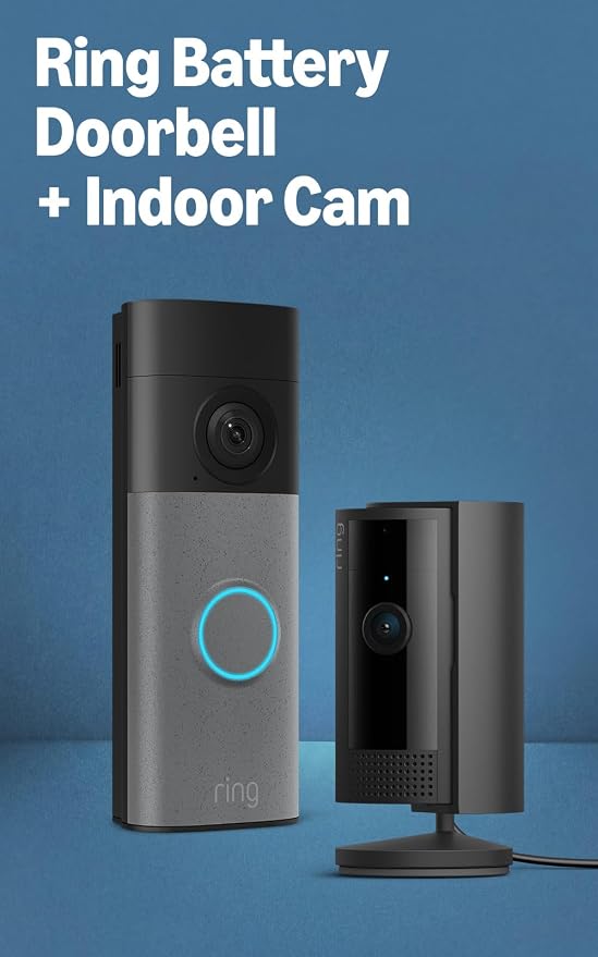 Ring Battery Doorbell (newest model), Speckled Gray with Indoor Cam, Black