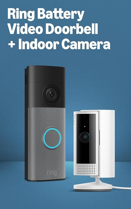 Ring Battery Doorbell (newest model), Speckled Gray with Indoor Cam, White
