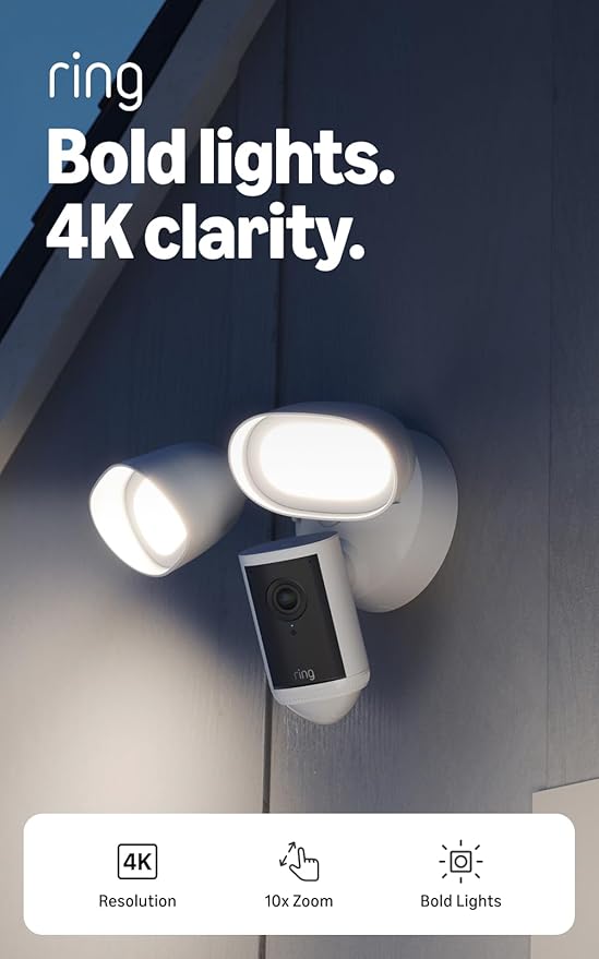 Ring Floodlight Cam Pro, Wired (newest model), Home or business security, Retinal 4K with wide-angle video, 10x Enhanced Zoom, and 2000 Lumen Floodlights, White
