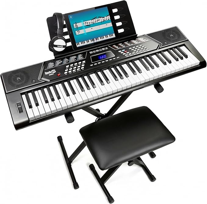 RockJam 61 Key Keyboard Piano Stand With Pitch Bend Kit, Piano Bench, Headphones, Simply Piano App & Keynote Stickers