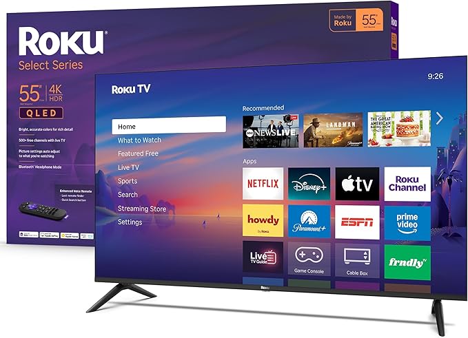 Roku Smart TV 2026 – 55-Inch Select Series, 4K QLED TV – Roku TV with Voice Remote – Flat Screen QLED Television with Wi-Fi for Streaming Live Local News, Sports, & Movies – Bluetooth Headphone Mode