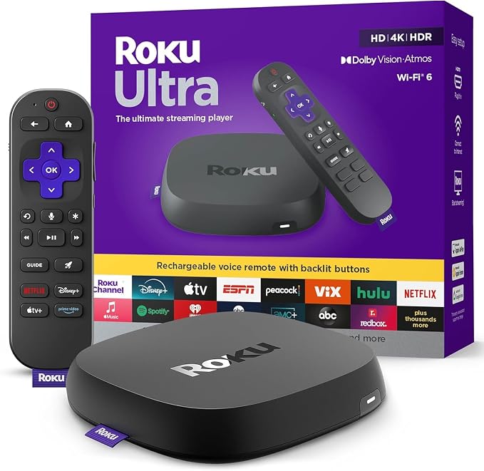 Roku Ultra - Ultimate Streaming Player (Renewed) - 4K Streaming Device for TV with HDR10+, Dolby Vision & Atmos - Bluetooth & Wi-Fi 6- Rechargeable Voice Remote Pro with Backlit Buttons (Renewed)