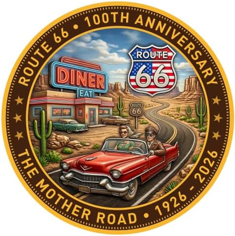 Route 66 Centennial Commemorative Coin,100th Anniversary 1926-2026 Mother Road 3D Engraved Souvenir Medallion Zinc Alloy Double-Sided Design Map Gift for Road Trip Lovers and Car Enthusiasts