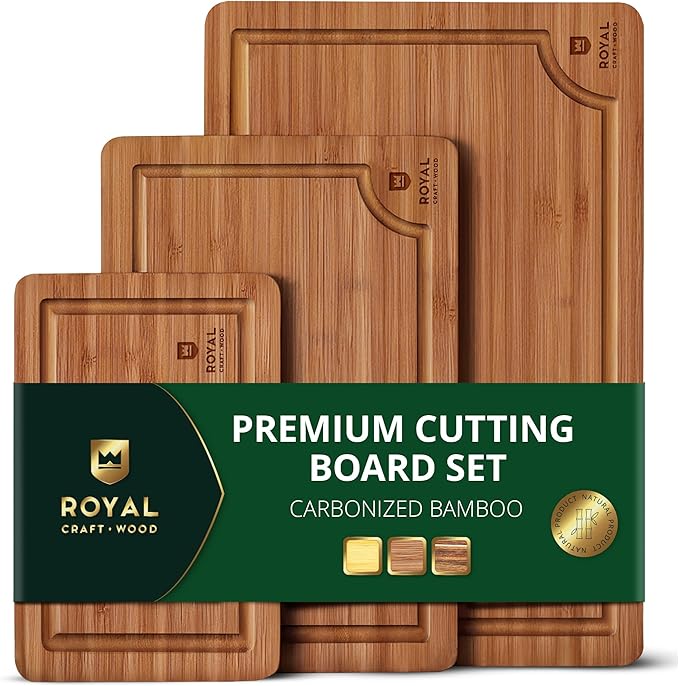 ROYAL CRAFT WOOD Wooden Cutting Boards for Kitchen Meal Prep & Serving - Non Toxic Bamboo Wood Cutting Board Set with Deep Juice Groove Side Handles - Charcuterie & Chopping Butcher Block for Meat