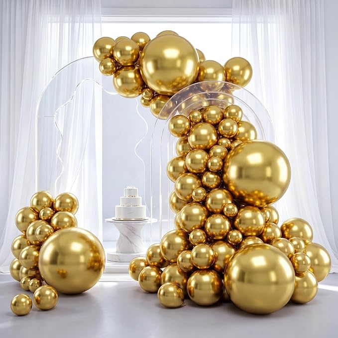 RUBFAC Gold Balloons 129pcs Different Sizes 18 12 10 5 Inch, Metallic Gold Balloon Garland Arch Kit for Graduation Party Wedding Holiday Happy Birthday Decoration