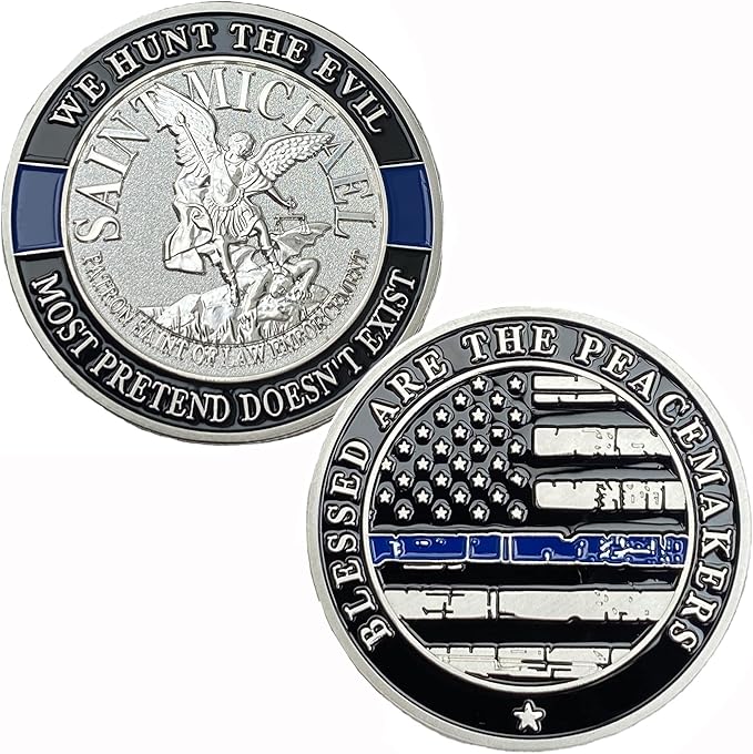 Saint Michael Patron Saint of Law Enforcement Challenge Coin The Thin Blue Line Silver Plated Coins