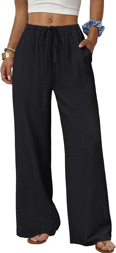 Sampeel Wide Leg Pants for Women Flowy Palazzo Drawstring Elastic Waist Trousers with Pockets Summer Beach Vacation Clothes