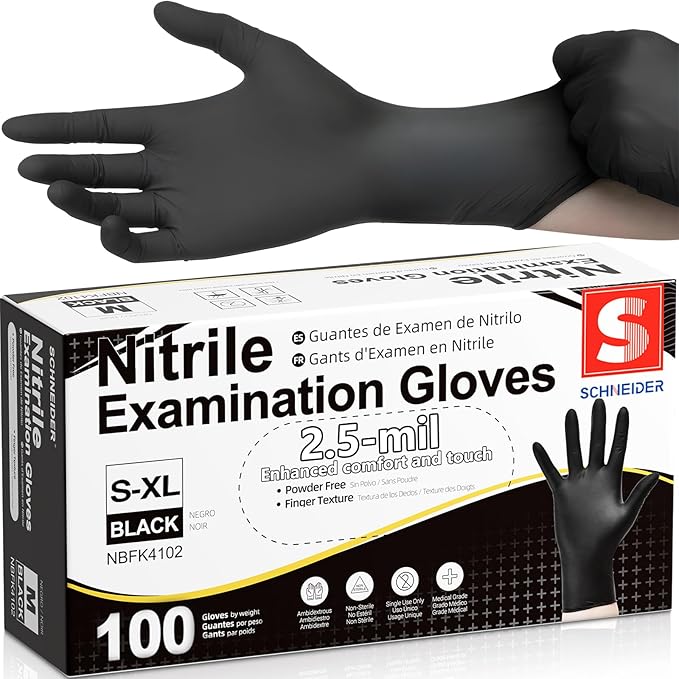 Schneider Black Nitrile Gloves, Powder Free, Disposable Gloves Latex Free for Medical Exam, Food Prep & Cleaning