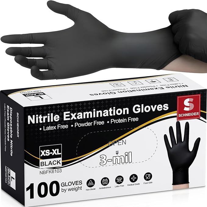 Schneider Medical Black Nitrile Exam Glove, Latex Free Powder Free Disposable Gloves for Cooking, Cleaning, and Food Prep
