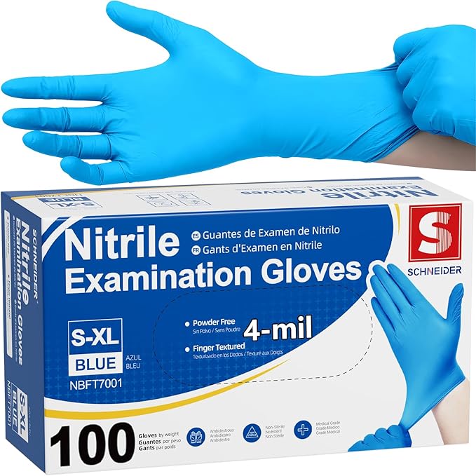 Schneider Medical Nitrile Exam Gloves, 4 mil, Powder-Free, Latex-Free, Disposable Gloves for Cleaning and Food Prep