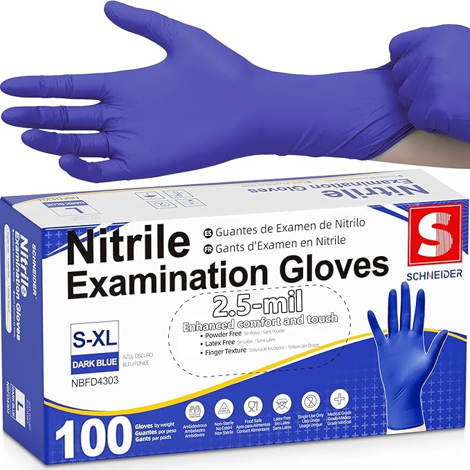 Schneider Medical Nitrile Exam Gloves, Dark Blue, Disposable Gloves, Latex-Free, Powder-Free, Food Safe for, Cooking