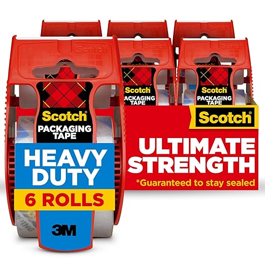 Scotch Heavy Duty Shipping Packing Tape, Clear, Packing Tape for Moving Boxes and Packaging Supplies, 1.88 in. x 22.2 yd., 6 Roll Dispensers, Moving Supplies