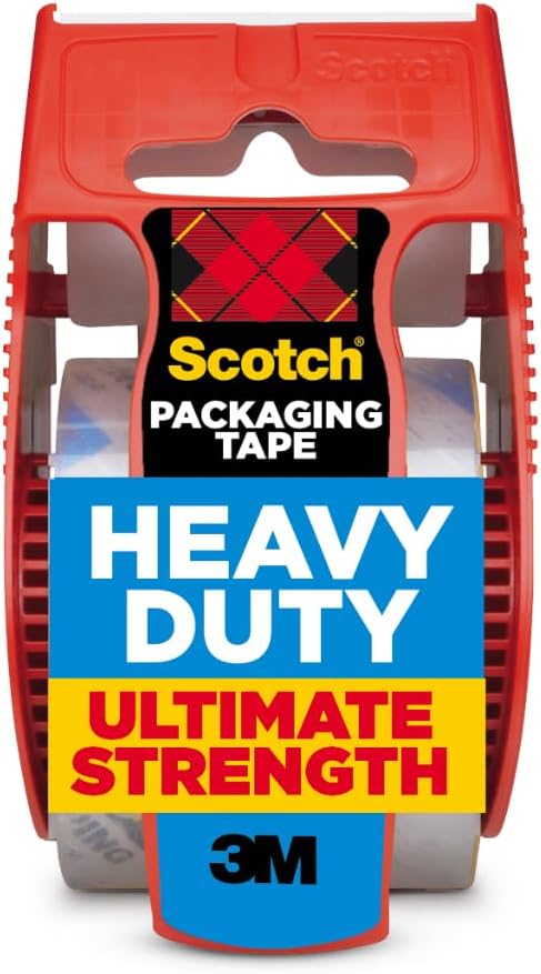 Scotch Heavy Duty Shipping Packing Tape, Clear, Shipping and Packaging Supplies, 1.88 in. x 27.7 yd., 1 Tape Roll with Dispenser
