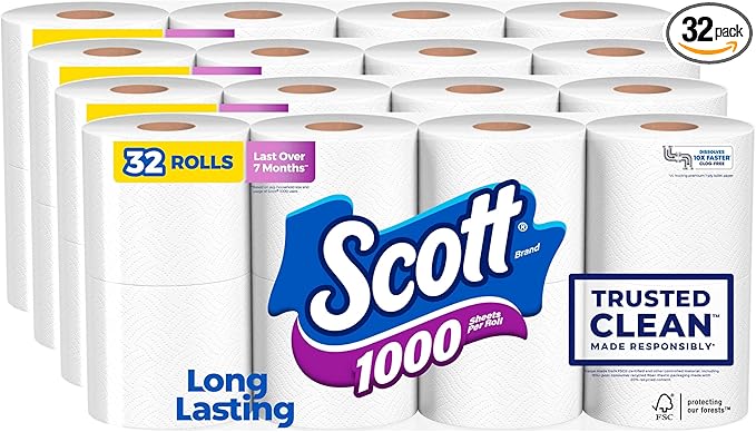 Scott 1000 Trusted Clean Toilet Paper, 32 Rolls, Septic-Safe, 1-Ply Toilet Tissue