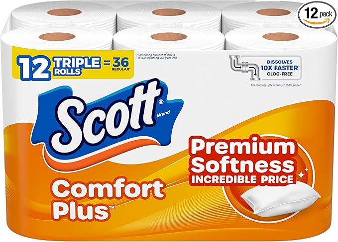 Scott ComfortPlus Toilet Paper, 12 Triple Rolls, 231 Sheets per Roll, Septic-Safe, 1-Ply Toilet Tissue