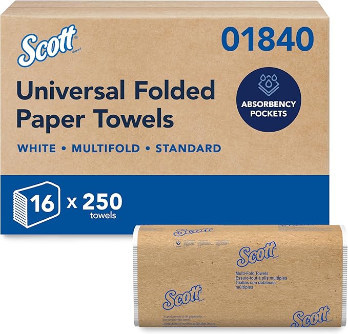 Scott® Professional Universal Multifold Paper Towels, Bulk (01840), Absorbency Pockets, 9.2" x 9.4" sheets, Standard Tier, Compressed, White (250 Sheets/Pack, 16 Packs/Case, 4,000 Sheets/Case)