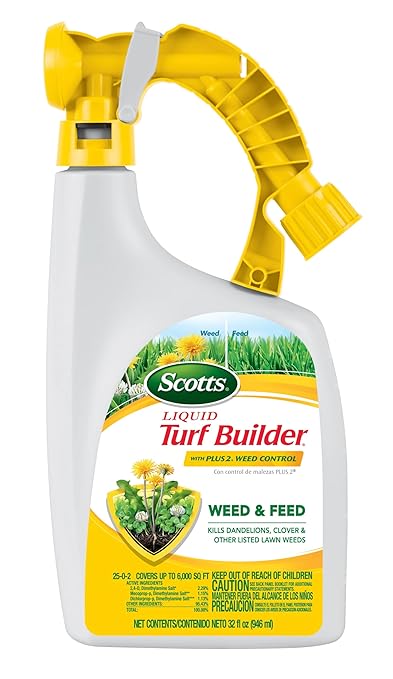 Scotts Liquid Turf Builder with Plus 2 Weed Control Ready-to-Spray - Liquid Weed Killer and Grass Fertilizer, Hose-End Applicator, 32 fl. oz.