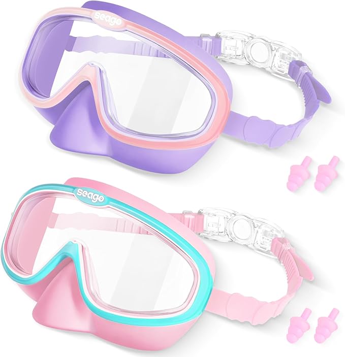 Seago Kids Swim Goggles 2 Pack for 3-12, Anti-Fog Clear View,Toddler Goggles with Nose Cover Swimming Goggles