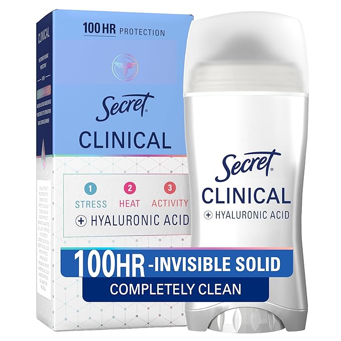 Secret Clinical Strength 100HR Sweat & Odor, Completely Clean Invisible Solid Antiperspirant Deodorant for Women, 3X Stress Protection with Hyaluronic Acid, PH Balanced, Completely Clean Scent, 2.6 oz