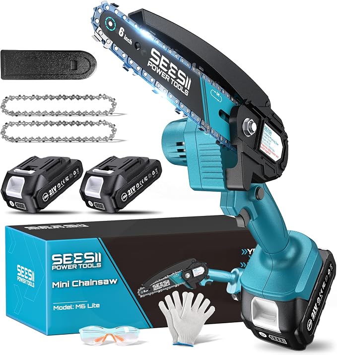 Seesii Mini Chainsaw, 6-inch Mini Chainsaw Cordless, Handheld Electric Power Chain Saw with 2 Batteries, for Tree Trimming Wood Cutting, Best Gifts for Father, Dad, Husband, Men
