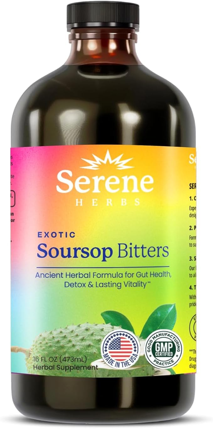 Serene Herbs Soursop Bitters Liquid with Soursop Leaves for Gut Cleanse, Detox & Immune Boost with Black Seed, Moringa, Irish Moss, Ashwaganda, Turmeric, 16 fl oz (16 Fl, Soursop)