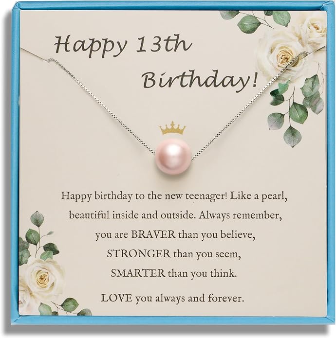 Sereney Sterling Silver Birthday Gifts Pearl Necklace for Girls Women | 7 9 10 11 13 15 16 18 21 30 40 50 60 Year Old Birthday Gifts, Single Pearl Necklace as Bday Gifts for Friends