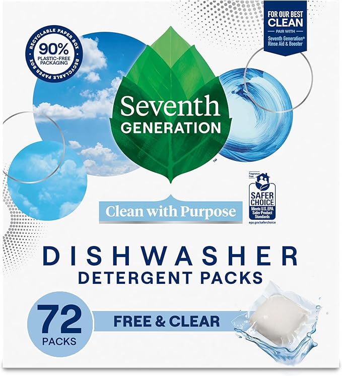 Seventh Generation Dishwasher Detergent Packs, Free & Clear, 72 Count, Pack of 1, Plant Powered Cleaning, Fights Greasy Reside & Stuck-On Food For Sparkling Dishes, Fragrance-Free & Septic Safe