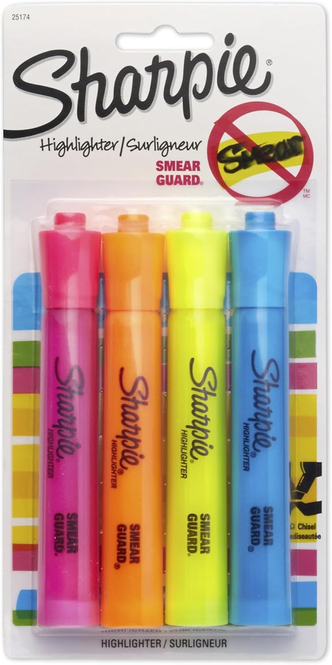 Sharpie Accent Tank-Style Highlighters, Assorted Colors, 4 Count - Back to School, Desk Supplies