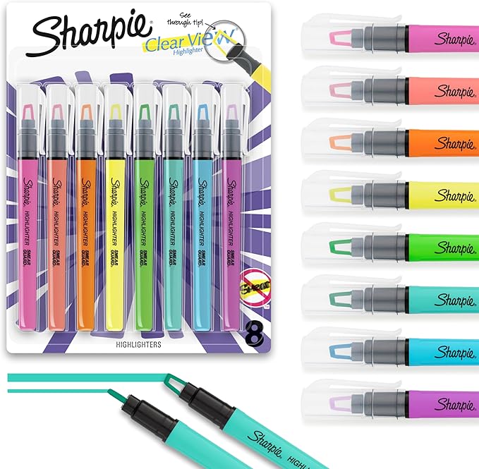 Sharpie Clear View Stick Highlighters, See-Through Chisel Tip, Assorted Fluorescent Colors, 8 Count - School, Home, and Office Use, Teacher Supplies