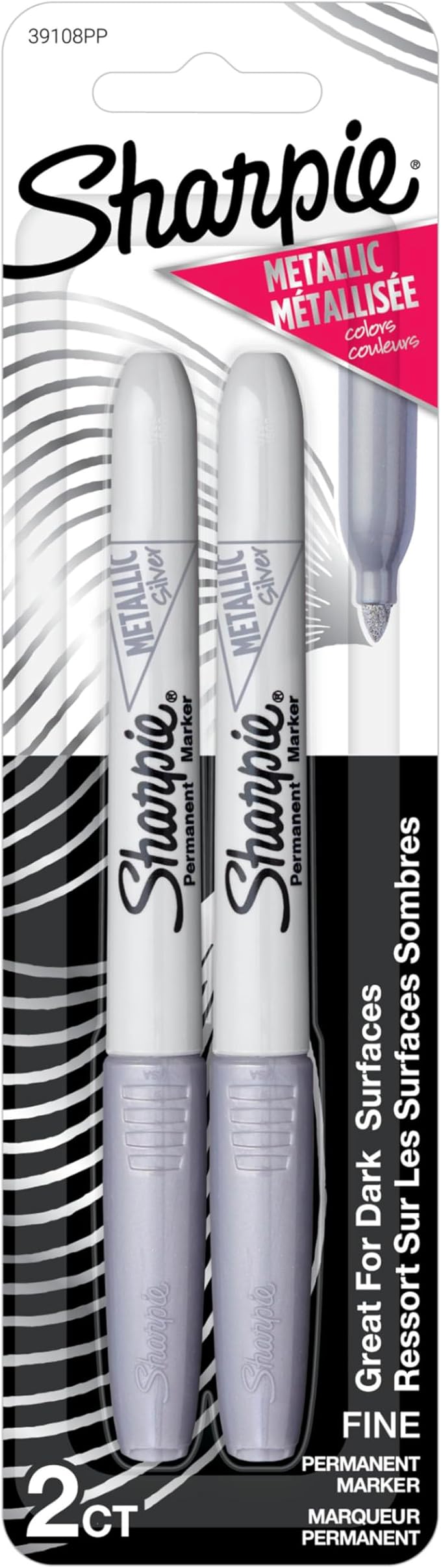 Sharpie Metallic Permanent Markers, Fine Point, Silver, 2 Count - For Black Paper or Dark Surfaces, Arts & Crafts, Posters