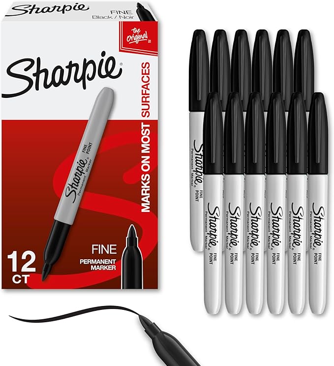 Sharpie Permanent Markers, Fine Tip, Black, 12 Count - Quick Drying, Fade Resistant, For Wood, Plastic, Paper, Metal, And More
