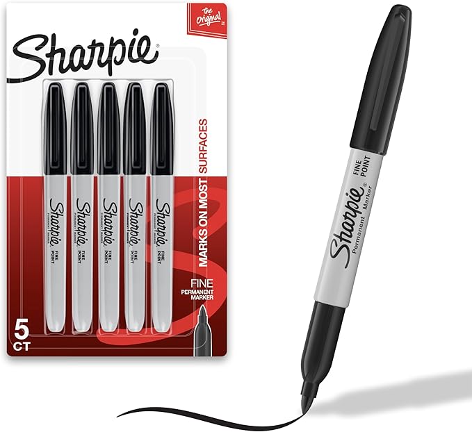 Sharpie Permanent Markers, Fine Tip, Black, 5 Count - Quick Drying, Fade Resistant