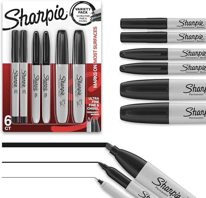 Sharpie Permanent Markers Variety Pack, Includes Chisel, Fine, and Ultra-Fine Tips, Black, 6 Count - Poster, Office, School Supplies