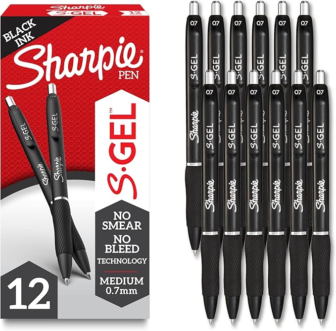 Sharpie S-Gel Gel Pens, Black Barrel, Medium Point (0.7mm), Black Gel Ink, 12 Count - Home, Office, School, Journaling, Writing, Note-Taking, Teacher Supplies