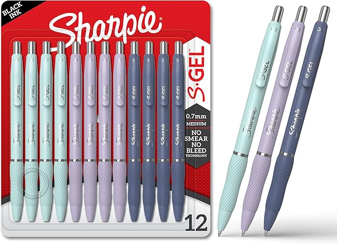 Sharpie S-Gel Gel Pens, Medium Point (0.7mm), Assorted Fashion Barrels, Black Ink, 12 Count - Office, Teacher, School Supplies