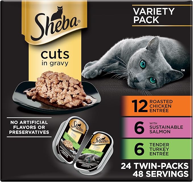 Sheba Perfect Portions Wet Cat Food Cuts in Gravy, Cat Food Wet Recipe, Roasted Chicken Entree, with Sustainable Salmon, Tender Turkey Entree, 2.6 oz. Twin-Pack Trays (24 Count, 48 Servings)