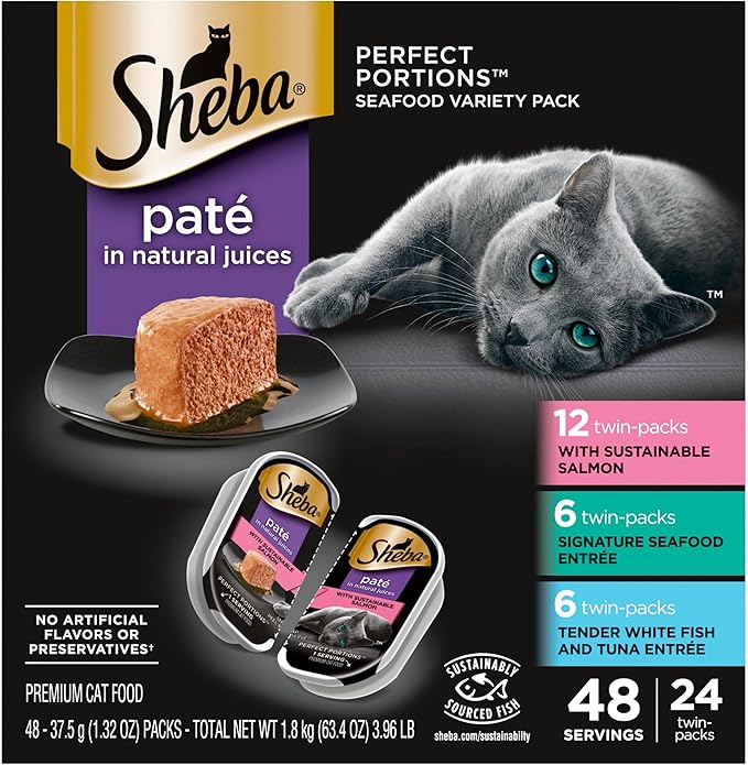 Sheba Perfect Portions Wet Cat Food Pate with Sustainable Salmon, Signature Seafood Entree, and Tender White Fish and Tuna Entree Variety Pack, 2.6 oz. Twin Pack Trays (24 Count, 48 Servings)