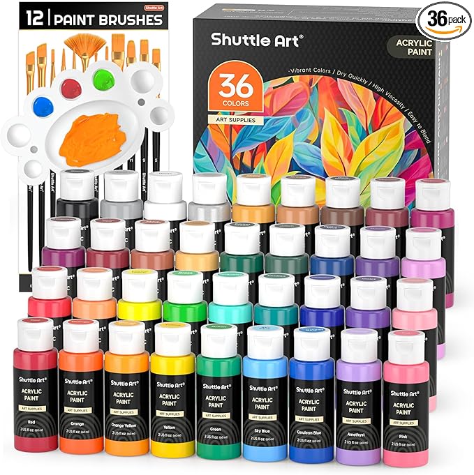 Shuttle Art Acrylic Paint, 36 Colors Acrylic Paint Set with Brushes & Palette, 2oz/60ml Bottles, Rich Pigments Non-toxic for Artists Kids & Adults, Painting on Canvas Rocks Ceramic Wood