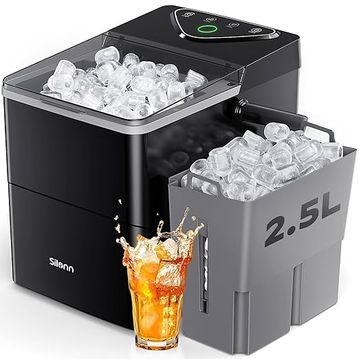 Silonn Countertop Ice Maker with 2.5L Expandable Ice Basket, 26.5lbs/24H, 9 Cubes in 6 Mins, 2 Ice Sizes, Self-Cleaning & LED Touch Control for Home Kitchen Office