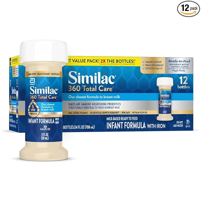 Similac 360 Total Care Infant Formula, Has 5 HMO Prebiotics, Our Closest Prebiotic Blend to Breast Milk, Non-GMO,‡ Baby Formula, Ready to Feed, 2-fl-oz Bottle, Pack of 12
