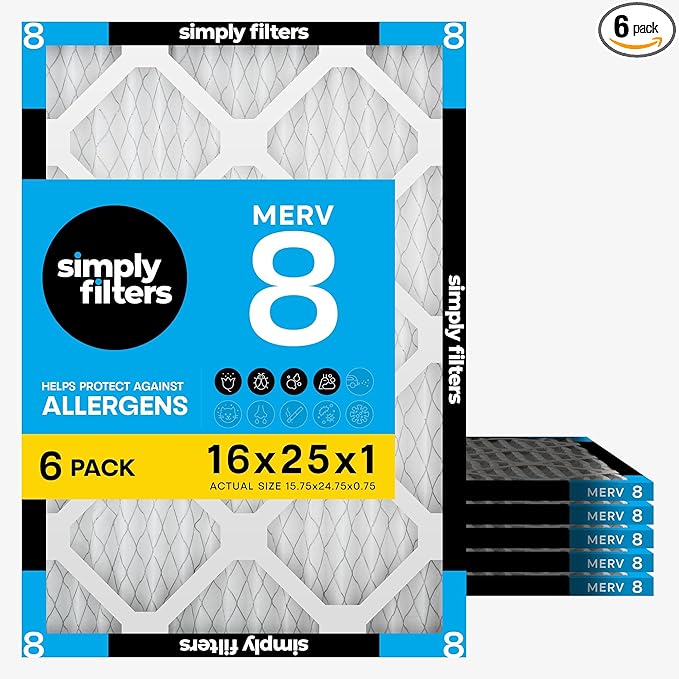 Simply 16x25x1 Air Filter, MERV 8, 6 Pack, For Home AC Furnace & HVAC (Actual Size: 15.75"x24.75"x0.75") DUST, Pet, & Allergy Control