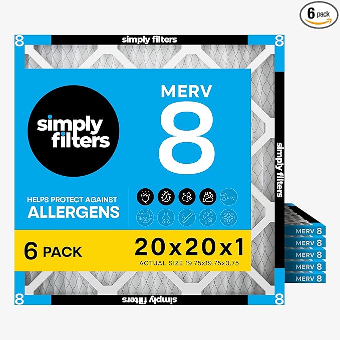 Simply 20x20x1 Air Filter, Merv 8, MPR 600, 6 Pack, Furnace Air Filter for HVAC (Actual Size: 19.75"x19.75"x0.75") DUST, Pet, & Allergy Control