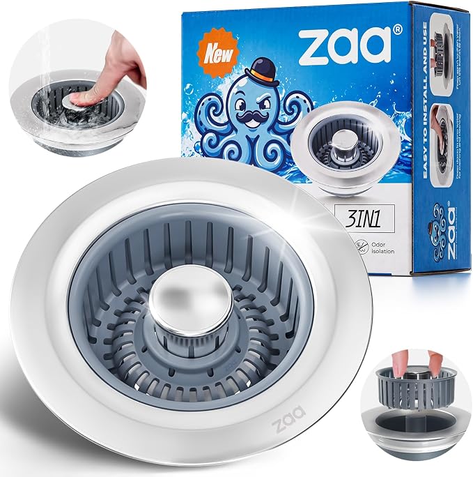 Sink Drain Strainer - Sink Stopper Kitchen Drain, 3 in 1 Kitchen Sink Drain Strainer with Anti-Clogging Basket, Kitchen Gadgets Clearance Sink Accessories, Fit US Standard 3-1/2'' Sink Hole, Silver