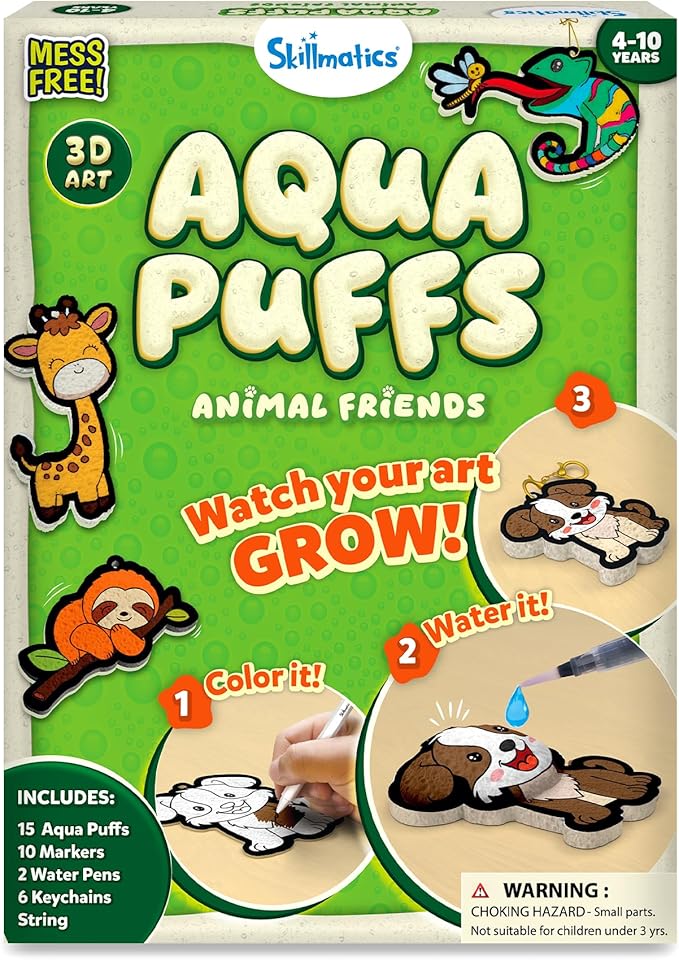 Skillmatics Aqua Puffs - 3D Art Kit, Animals, Mess-Free Paint by Number Craft for Kids, DIY Color Activity, Screen-Free Entertainment, Travel & Creative Gift for Girls & Boys Ages 4, 5, 6, 7, 8, 9, 10
