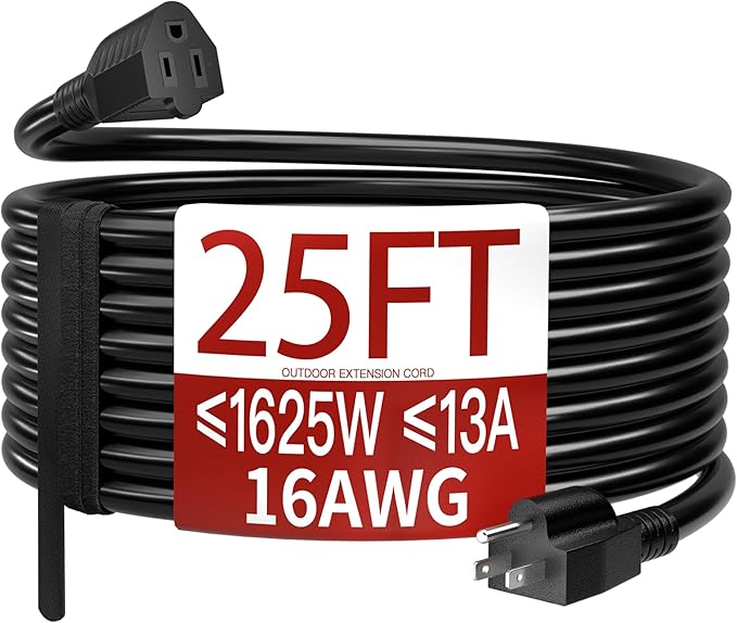 Skrizcable 16/3 25 FT Outdoor Extension Cord Waterproof, Weatherproof & Flame Retardant Black 3 Prong Power Cord Outside for Lawn & Garden, 13 Amps 1625 Watts 125 VAC 16AWG SJTW, ETL Listed