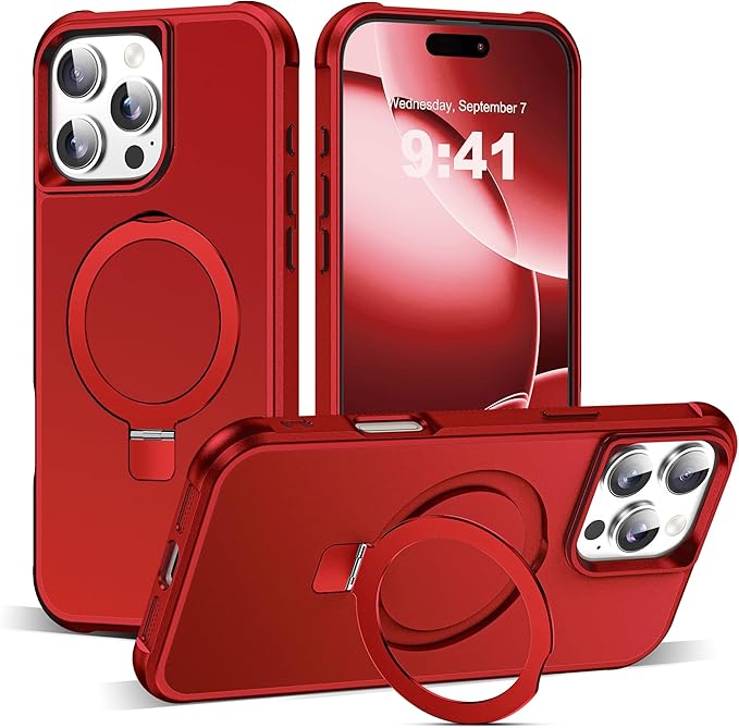 SKYLMW Compatible with iPhone 16 Pro Max Case with Invisible Magnetic O-Ring Stand Military-Grade Case for iPhone 16 ProMax 6.9" [Compatible with Mag-Safe][Great Grip Feeling], Red