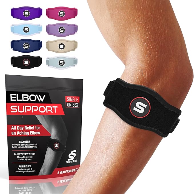Sleeve Stars Tennis Elbow Brace for Men & Women, Elbow Brace for Tendonitis, Tennis Elbow Strap, Golfers Elbow Brace, Elbow Support Wrap for Tennis Elbow Relief, Fits 9"-23" (Single/Black)