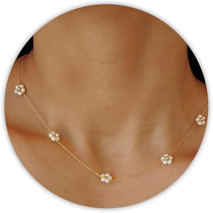 SmileBelle Pearl Necklaces, Daisy Pearls Choker for Women's Pearl Strand Necklaces as Silver and Gold Choker for Teens, Silver Daisy Birthday Gifts 3 Pearls White Necklace as Prom Bridesmaid gifts