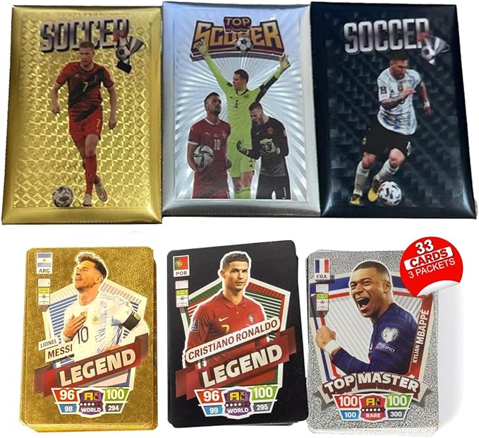 Soccer Trading Cards 2026-2027 | 33 Collectible Football Cards - 3 Packs for Fans & Players Black, Gold & Silver Soccer Mystery Cards Packs Random Cards in Each Set - Collect Them All